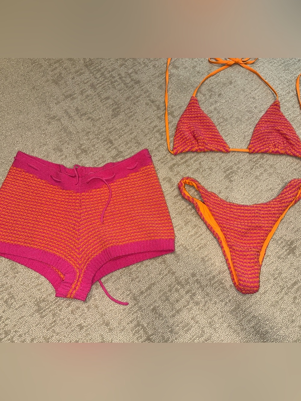 Beach Bunny Orange and Hot Pink Crochet Bikini Set with Shorts